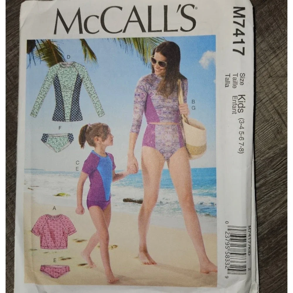 McCalls M7417 Sewing Pattern Girls Swimsuits Rash Guard Bikini Uncut 3 - 8